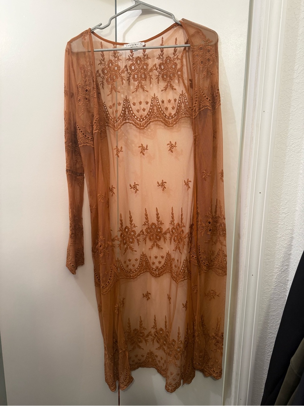 Sheer Embroidered Long Sleeve Duster Kimono- Rust Brown